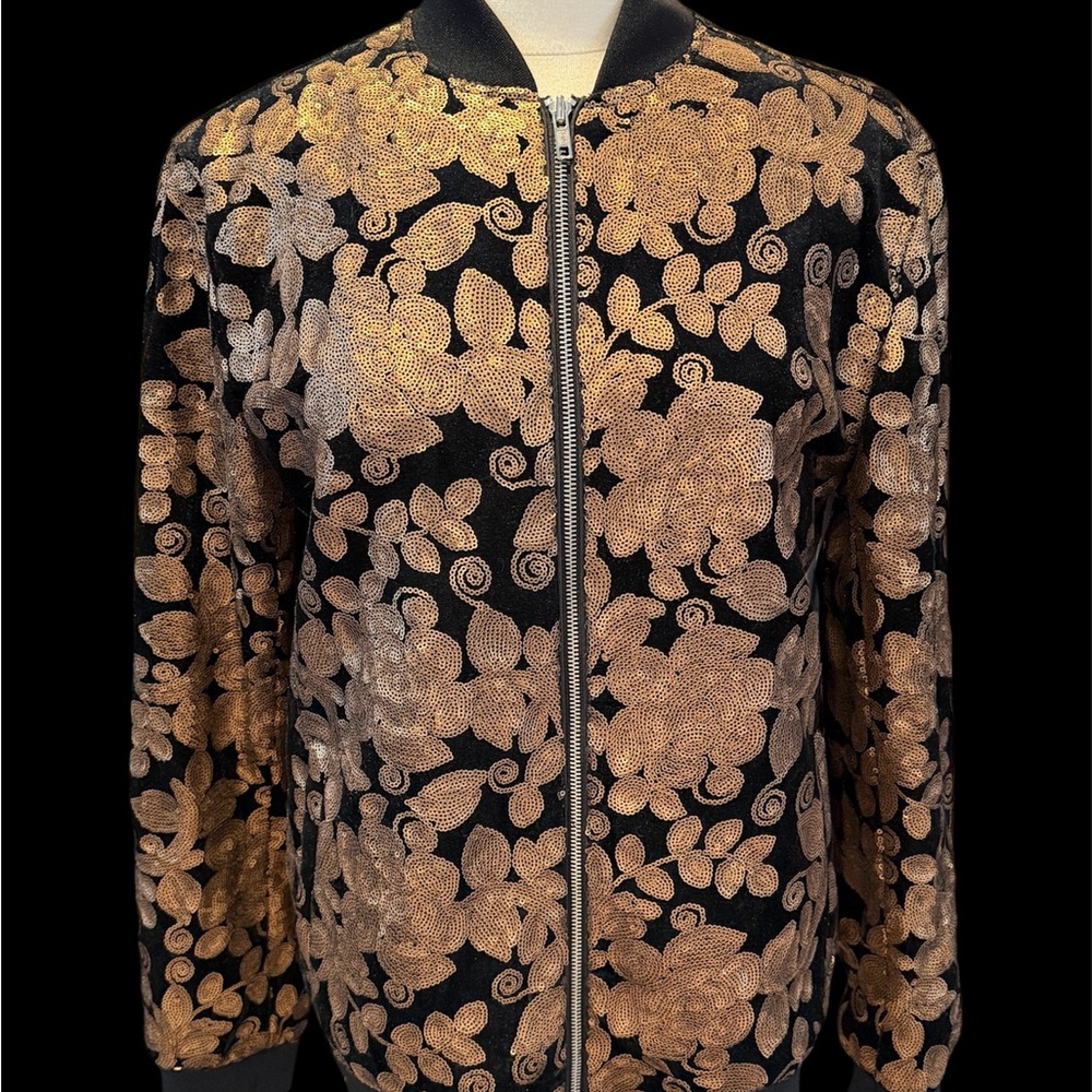 INC International Concepts Floral Matte Gold Sequin and Black Bomber Jacket